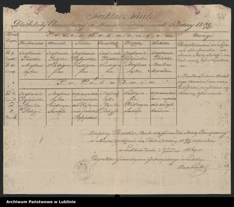 image.from.collection.number "Rozkład zajęć Szkoły Elementarnej w Urzędowie (1836-1861)111"