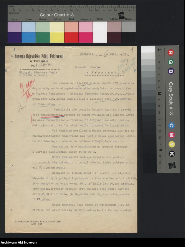 image.from.unit.number "Przyjęcie do służby w Policji Państwowej Eleonory Wandy Biczysko. Dokumentacja osobowa, korespondencja."