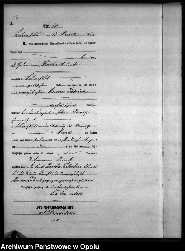 Obraz 17 z jednostki "Geburts-Haupt-Register Standesamts Schönfeld pro 1878"