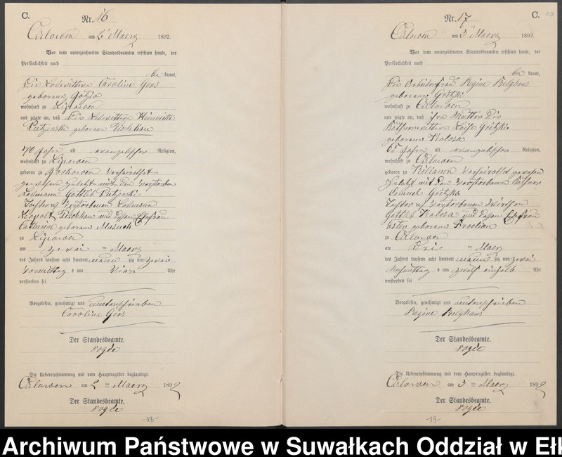 image.from.unit.number "Sterbe-Neben-Register des Preussischen Standes-Amtes Orlowen Kreis Loetzen für das Jahr 1892"