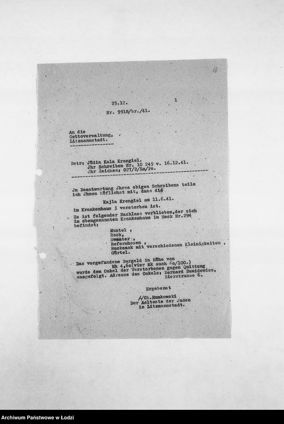 Obraz 16 z jednostki "[Korespondencja PSŻ z GV, z instytucjami i firmami niemieckimi w sprawie informacji o mieszkańcach getta: ich adresach, majątku, narodowości itp. – w związku z rentami i wierzytelnościami]"