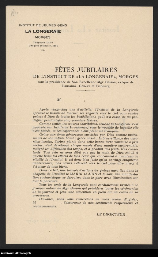 image.from.unit.number "Besson Marius (biskup Lozanny, Genewy i Fryburga); Załączniki: a) List S.A.D.E.A; b) Instytut "La Lingerie" (prospekt); c) wycinek prasowy; L.18 (odpowiedzi - maszynopis, rękopis)"