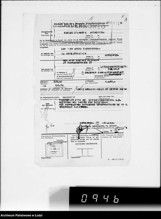 Obraz 5 z jednostki "[Przekazy pieniężne zagraniczne na Sonderkonto nr 12300 na adres Ch.Rumkowskiego]"