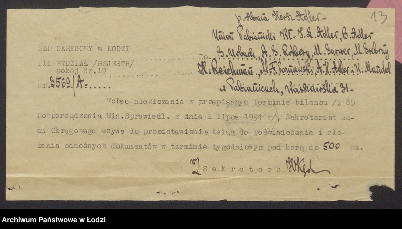 Obraz 15 z jednostki ""Union Pabjanicki"- Józef Leib Adler, Boruch Adler, Szlama Urbach, Abram Hersz Adler, Moszek Feiwel Poznański, Wolf Mendel- prowadzenie przedsiębiorstwa komisowo-ekspedycyjnego"