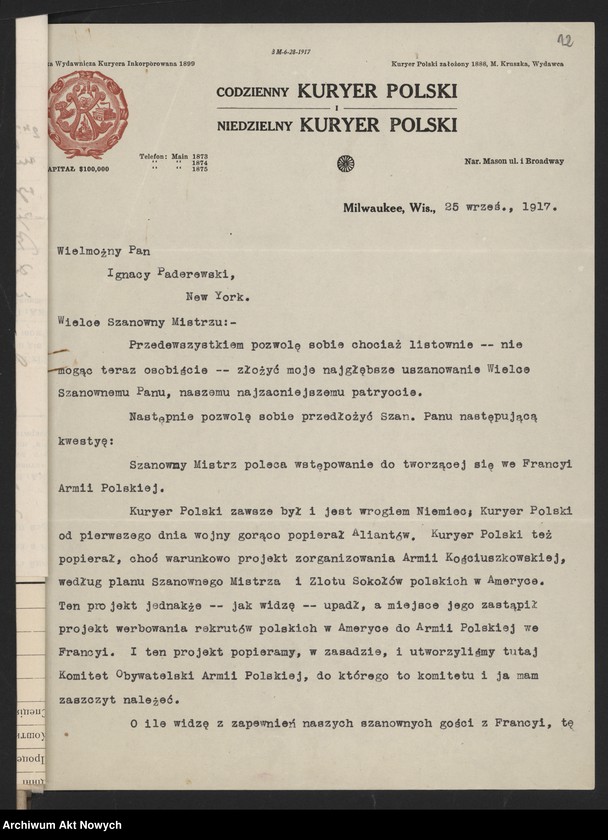 image.from.unit.number "Armia Polska we Francji. Rekrutacja w Stanach Zjednoczonych. Korespondencja, memoriały, druki"