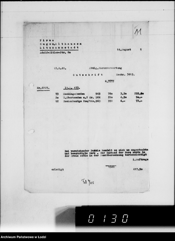 Obraz 15 z jednostki "Ausgehende Rechnungen [za dostawy towarów dla Getta]"