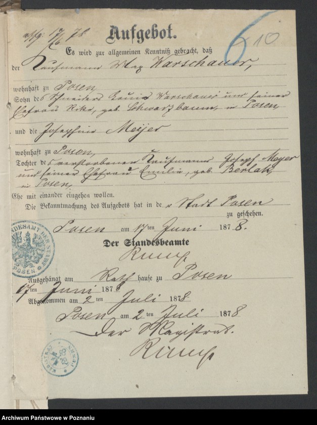 Obraz 12 z jednostki "Die von den Verlobten beigebrachten Urkunden zur Eheschliessung pro 1878"