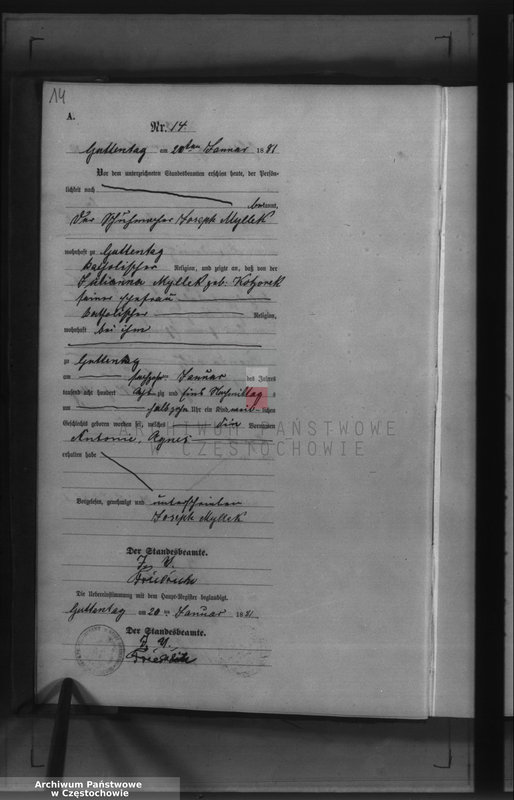 image.from.unit.number "Geburts - Neben Register des Königlich Preussischen Standesamts Guttentag im Kreise Lublinitz pro 1881."