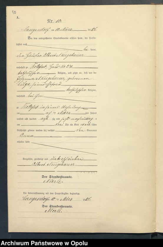 Obraz 14 z jednostki "Geburts-Neben-Register des Standesamts Langendorf pro 1886"