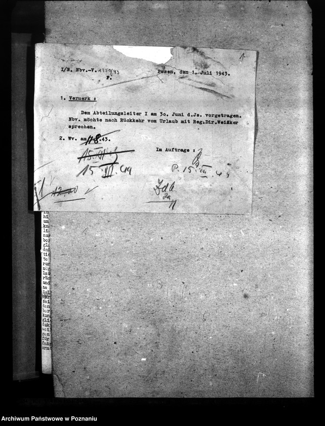 Obraz 5 z jednostki "Berichte über Auswirkungen der Verkehrslage im Reichsbahndirektionsbezirk Posen. Versorgung der bombenbeschädigten Bevölkerung. Treibstoffzuteilungen"