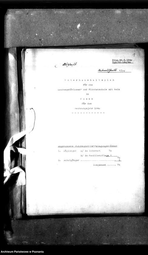 Obraz 5 z jednostki "Unterhaushaltplan - 4301. Gaugehörlosenschule, Posen. [Plany finasowe, budżety, sprawy finansowo-gospodarcze Szkoły]."