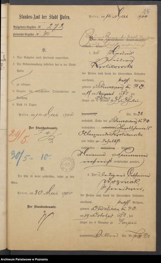 Obraz 20 z jednostki "Die von den Verlobten beigebrachten Urkunden zur Eheschliessung pro 1900"