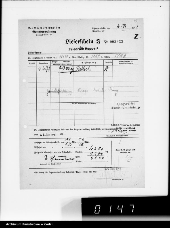 Obraz 19 z jednostki "Aufträge [Lieferscheinen und Rechnungen] 11100-11150 Lebensmitteleinkauf 5/Mü [Zapotrzebowania, zlecenia, rachunki, dowody dostawy na art.spoż.dla Getta]"