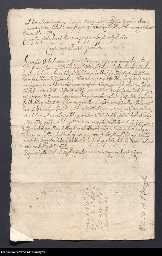 image.from.unit.number "List przypowiedni Władysława IV [Wazy], króla polskiego i wielkiego księcia litewskiego oraz króla szwedzkiego, dla Janusza księcia Radziwiłła, podkomorzego litewskiego, na tysiącosobowy regiment piechoty i 200 dragonów, i kapitulacje z kapitanami regimentowymi: Olbrychtem Bartleymem, Rafałem Przyjemskim i Rafałem Górskim."