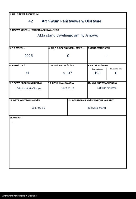 image.from.unit.number "Duplikat. Akta Urodzenia, Zeyścia, Zapowiedzi i Małżeństw wraz z Annexami Gminy Janow od dnia 1 Maja do dnia 30 Kwiet[nia] Roku 1819/20"