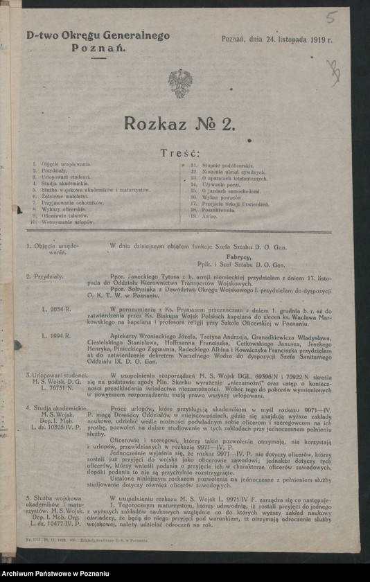 Obraz 7 z jednostki "/Rozkazy Dowództwa Okręgu Generalnego w Poznaniu/, nr 1-6."