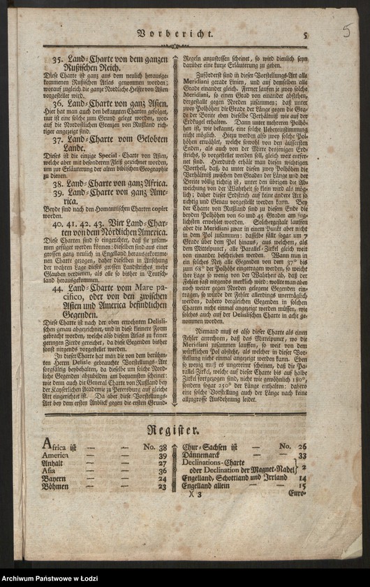 Obraz 7 z jednostki "Geographischer Atlas besteherd in 44 Land-Karten worauf alle Theile des Erd-Grenses vorgestellet werben. Auf Befehl der Königlischen Academie der Wissenschaften, Berlin 1750"