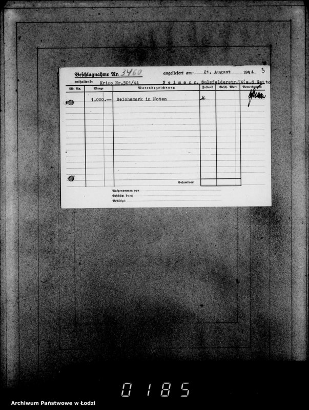 Obraz 7 z jednostki "Kripo 3201-33462 [Kartoteka skonfiskowanego majątku ruchomego u Żydów]"