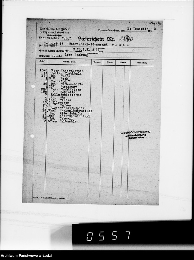 Obraz 18 z jednostki "Heeresbekleidungsamt Posen.Kriegsauftrag S.20/6"
