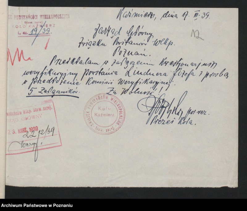 Obraz 19 z jednostki "Korespondencja skarbnika Zarządu Głównego Związku Powstańców Wielkopolskich."