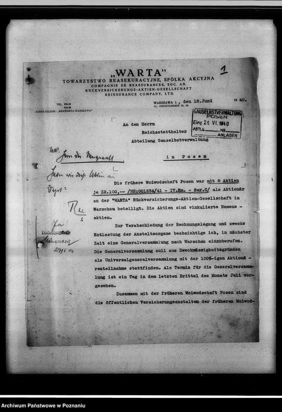 Obraz 5 z jednostki "Beteiligung an der "Warta" - Rückversicherung A.G."