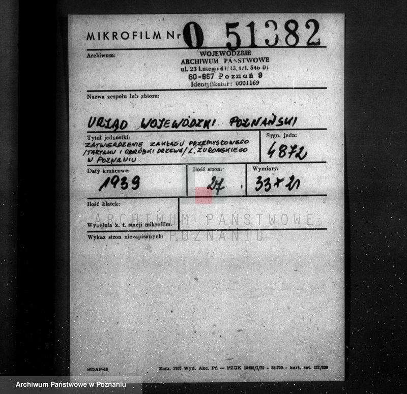 image.from.unit.number "Zatwierdzenie zakładu przemysłowego /tartaku i obróbki drzewa/ Własność L. Żeromskiego w Poznaniu"