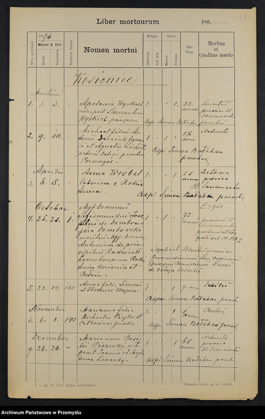 image.from.unit.number "Extractus e libris metricalibus natorum et baptisatorum copulatorum a mortuorum Diocesis Premisliensis decanatus Pruchnicensis parochiae Kosienicensis ex Anno Domini 1896"