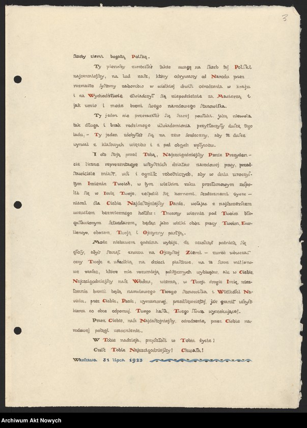 image.from.unit.number ""Jego Ekscelencji Jaśnie Wielmożnemu Panu Prezydentowi Ignacemu J. Paderewskiemu w najgłębszym hołdzie w dniu imienin - 31 lipca 1923". Album pamiątkowy z podpisami wielu znanych osób, oprawny we wzorzysty kilim"