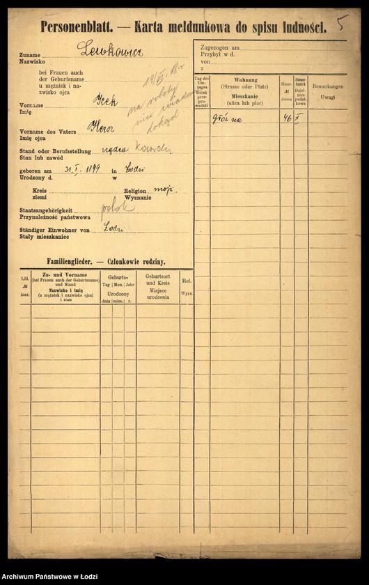 Obraz 7 z jednostki "[Spis ludności Łodzi] Lewkowicz"