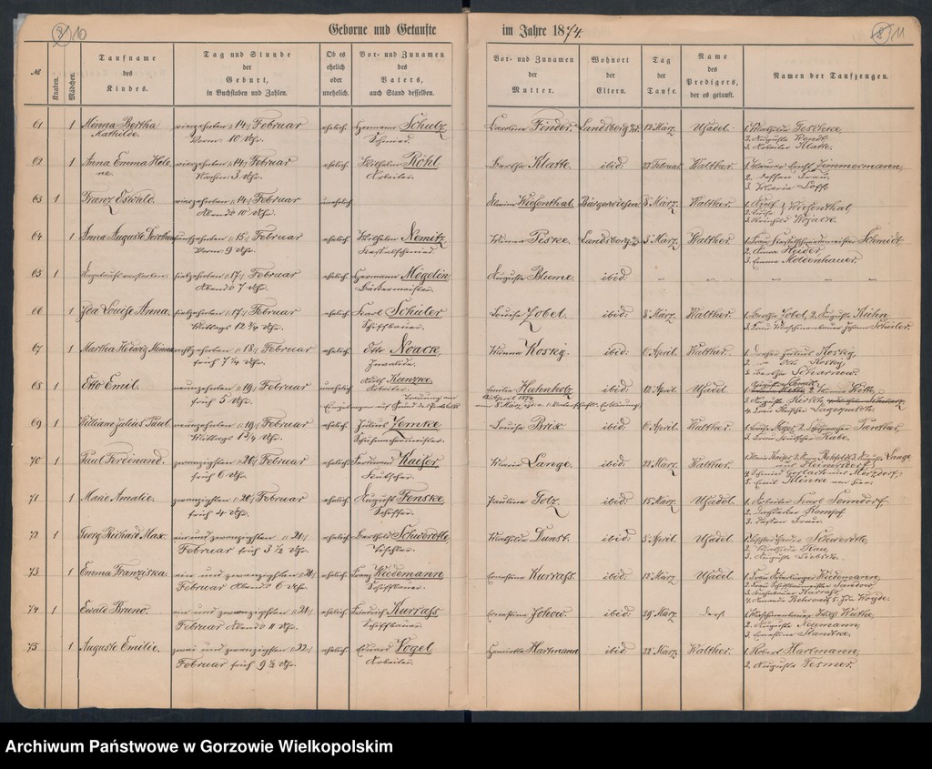 image.from.unit.number "Duplikate der Hauptkirche Landsberg an der Warthe (zawiera także Concordienkirchen-Gemeinde in Verbindung mit der reformirten und Militair-Gemeinde dotyczących zgonów w 1874 r.)"