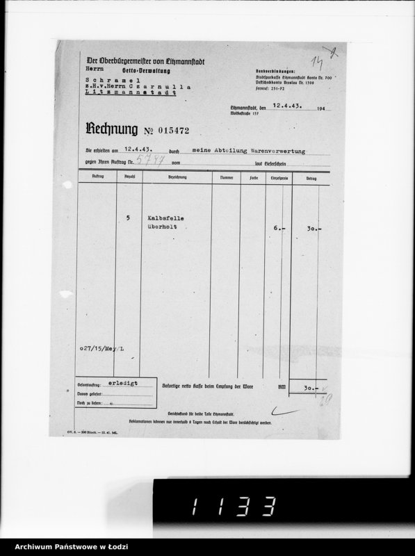 Obraz 18 z jednostki "Warenverwertung. Lager 91. [Aufträge] 5750-5800"