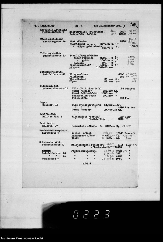 Obraz 11 z jednostki "Korrespondenz betr.Versicherung der im Getto zur Konfektionierung umlaufenden Wehrmachtsuniformen und Aufstellung über ausgeführte Transporte."