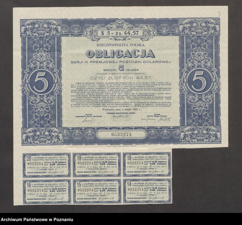 Obraz 6 z jednostki "Obligacje serii III premiowej pożyczki dolarowej wartości 5 dolarów, wraz z sześcioma kuponami"