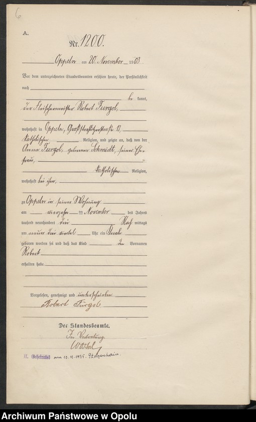 Obraz 10 z jednostki "Urząd Stanu Cywilnego w Opolu 1903 Rejestr Urodzeń Księga Miejscowa Nr 1196 do 1355"