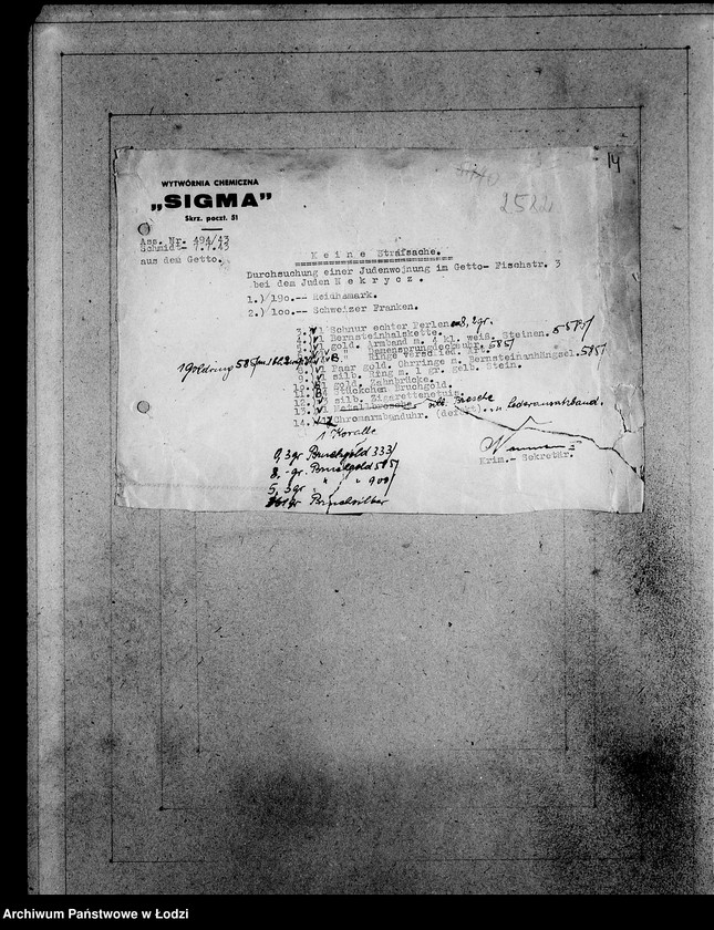 Obraz 18 z jednostki "Kripo.Unterlagen 2400-2600 [Dokumenty konfiskaty majątku ruchomego u Żydów]"