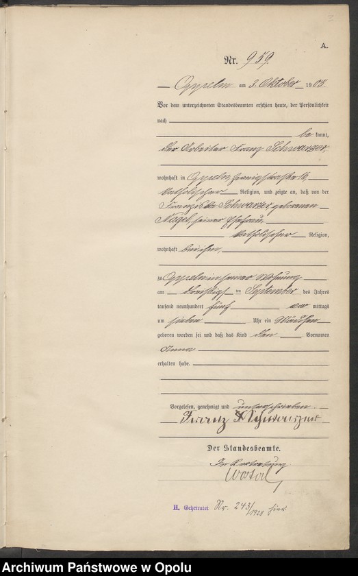 Obraz 7 z jednostki "Urząd Stanu Cywilnego w Opolu 1905 Rejestr Urodzeń miejscowa Nr 958 do 1287"
