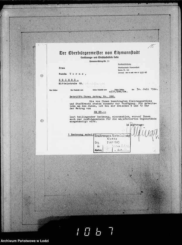 Obraz 19 z jednostki "286-320 [Wnioski ludności nieżydowskiej wysiedlonej z Getta o zwrot rzeczy pozostawionych w dawnym miejscu zamieszkania]"