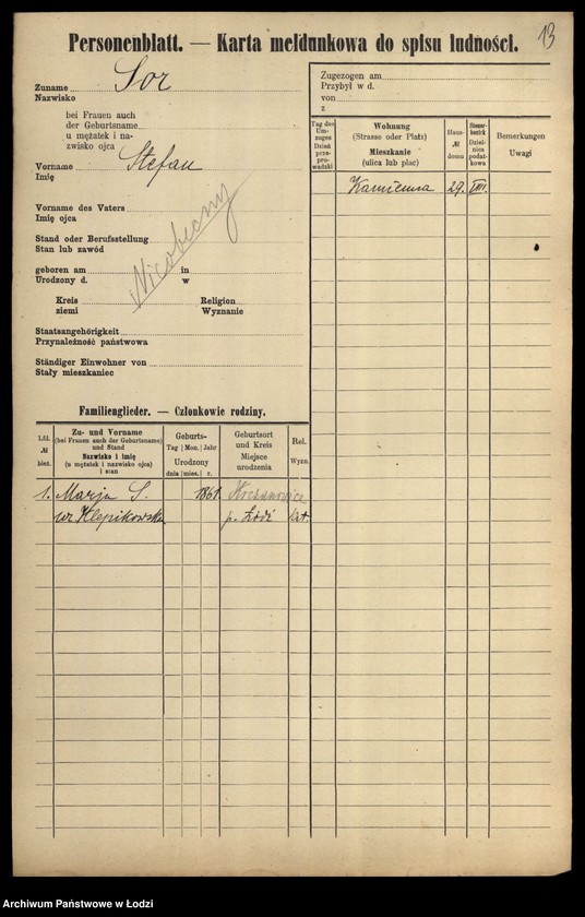 Obraz 15 z jednostki "[Spis ludności Łodzi] Sońka-Sowiński"