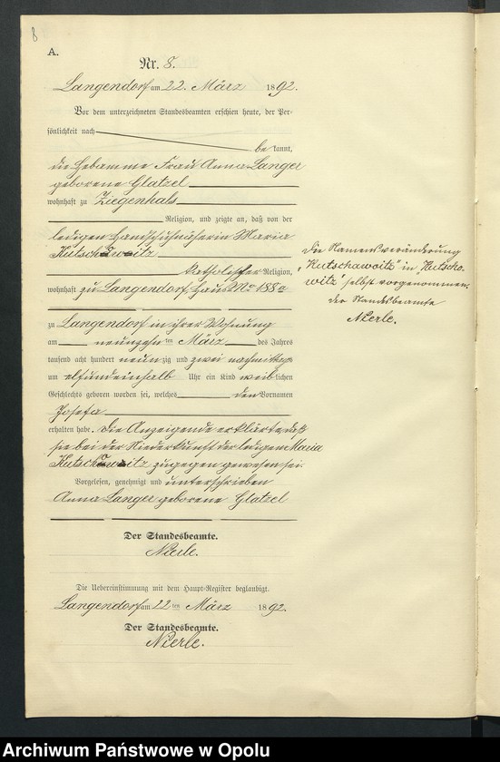 Obraz 12 z jednostki "Geburts-Neben-Register des Standesamts Langendorf pro 1892"