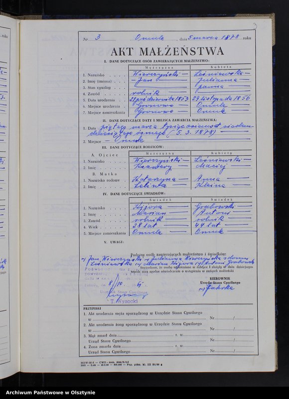 Obraz 5 z jednostki "Księga małżeństw Nr 1 - 12,1 - 9,1 - 15,1 - 12,1 - 17 i 1 - 15 /brak lat 1880 - 1882/ /przepisana w języku polskim z oryginału niemieckiego w dniach 8.10.-11.10.1961/"