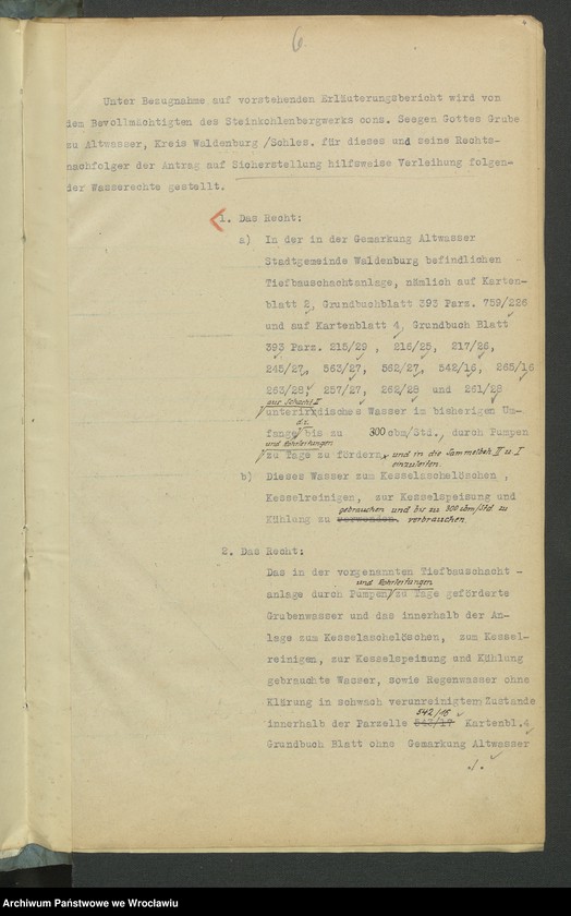 image.from.unit.number "Antrag auf Sicherstellung hilfsw. Verleihung u. Wasserrechten und deren Eintragung in das Wasserbuch für das Steinkohlenbergwerk Cons. Seegen-Gottes-Grube zu Altwasser Kr. Waldenburg i. Schl. Tiefbau-Schacht-Anlage I+II"