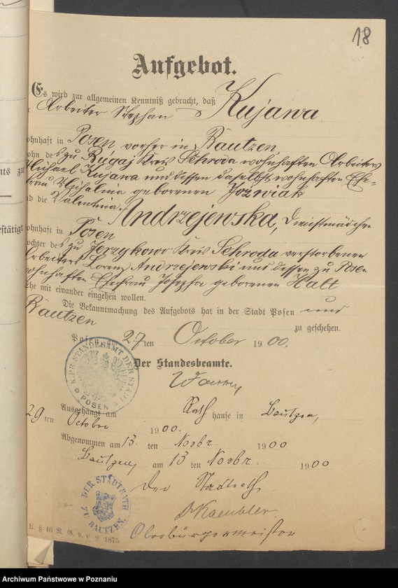 Obraz 20 z jednostki "Die von den Verlobten beigebrachten Urkunden zur Eheschliessung pro 1900"