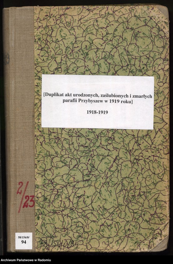 Obraz 2 z jednostki "[Duplikat akt urodzonych, zaślubionych i zmarłych parafii Przybyszew w 1919 roku]"