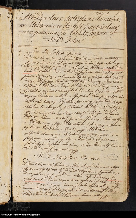 image.from.unit.number "Ta Księga duplikat zwana przeznaczona iest do zapisywania Metryk Kościelnych wraz z Aktami Cywilnemi Urodzenia Zaślubienia i Zeyścia w Parafii Janowieckiey Obwodzie Mławskiem Wojewodztwie Płockiem zaczynająca się od dnia 1-go Stycznia 1829 Roku i na tenże rok słuząca a to według Ustaw na Seymie w roku 1825 odprawionym Uchwalonych"