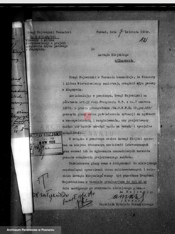 Obraz 17 z jednostki "Udzielenie zezwolenia na urządzenie młyna parowego W. i A. Wierzchowieckich w Zbąszyniu, pow. nowotomyski"