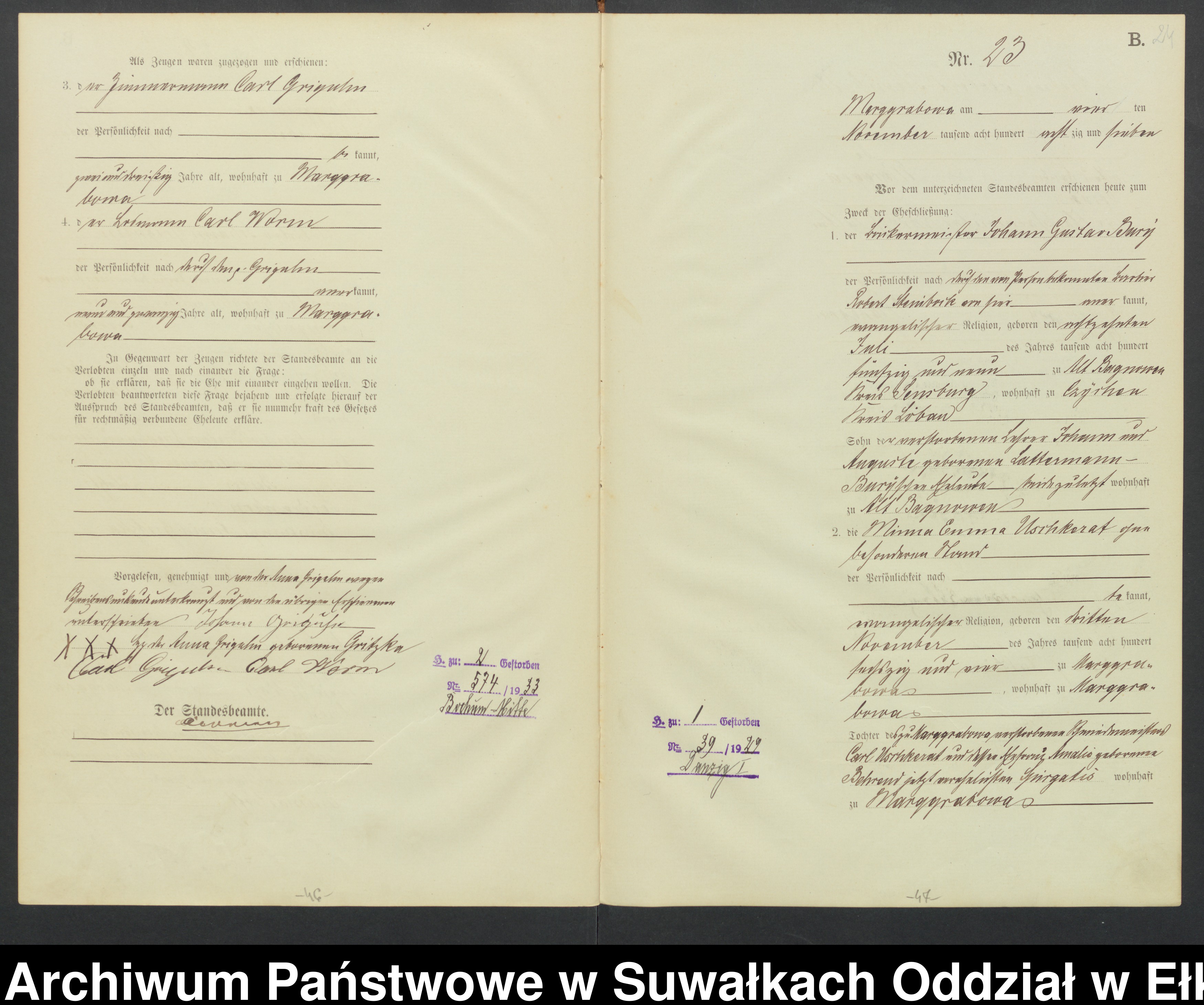 Skan z jednostki: Heiraths-Haupt-Register des Königlichen Preussischen Standes-Amtes Stadtgemeinde Marggrabowa Kreis Oletzko