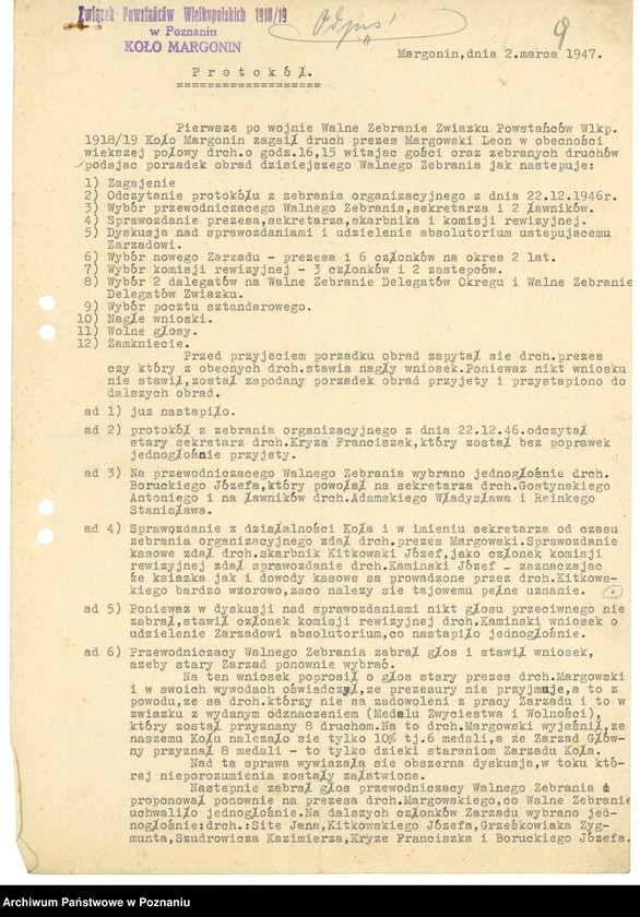 Obraz 12 z jednostki "Współdziałanie Zarządu Głównego Związku Powstańców Wielkopolskich z kołami: 1. Leszno [1947] 2. Łowyń [1946] 3. Margonin [1946-1948] 4. Miejska Górka [1949] 5. Mieszków [1946-1947] 6. Międzychód [1946-1948] 7. Mogilno [1946-1947] 8. Mosina [1946] 9. Mrocza [1947] 10. Nakło [1945-1949] 11. Oborniki [1947] 12. Osieczna [1948] 13. Ostrów Wielkopolski [1946-1947] 14. Piaski [1948] 15. Pleszew [1947-1948] 16. Podolin [1947-1948]"