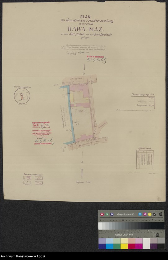 Obraz 1 z jednostki "Plan des Grundstückes "Stadtverwaltung" in der Stadt Rawa Mazowiecka an dem Marktplatz und Senatorskastrasse gelegen"