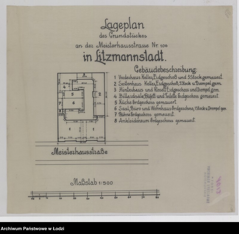 Obraz 1 z jednostki "Lageplan des Grundstückes an der Meisterhausstraße Nr 106 in Litzmannstadt"
