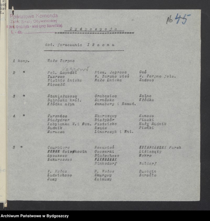 image.from.unit.number "[Rozkazy zwykłe i tajne Powiatowej Komendy Zachodniej Straży Obywatelskiej na powiat Grudziądz-Wieś, wykaz zasłużonych członków ZSO proponowanych do odznaczenia dyplomami pamiątkowymi, karty ewidencji członków]"